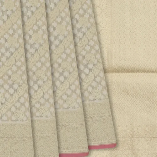 BE071101 Beige Handloom Banarasi Cotton Saree With Diagonal Vine Motifs-Beige